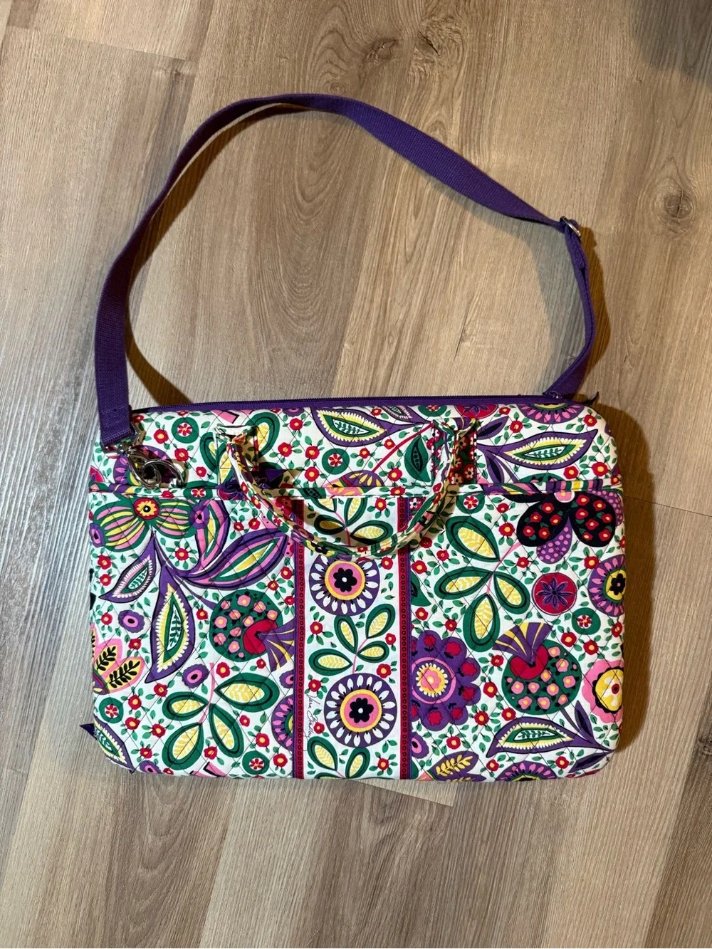 Y2K Vera Bradley Multicolor Floral Quilted Laptop Bag with Purple Strap